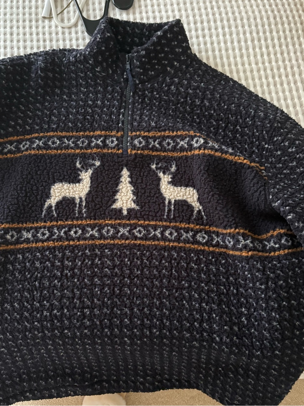 Old Navy Navy Sherpa Half-Zip Sweater with Cream Reindeer Motif